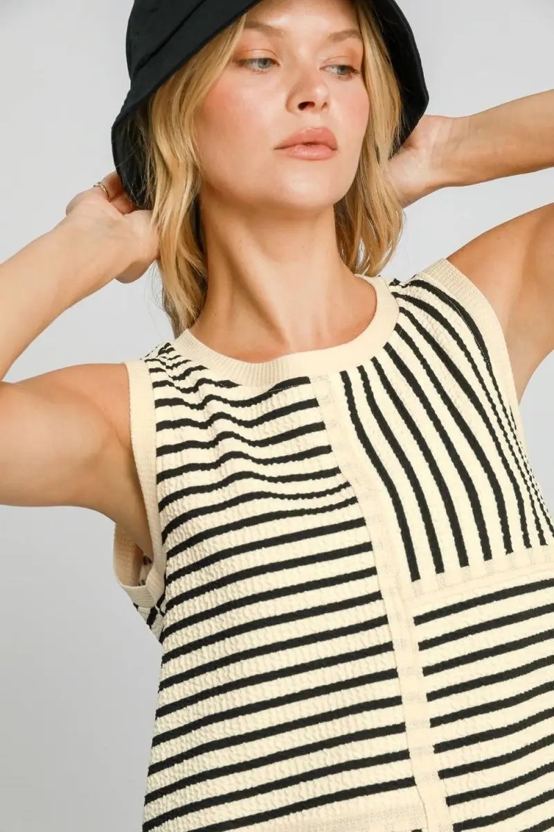 Umgee Round Neck Texture Striped Tank Top for Women - Love Salve